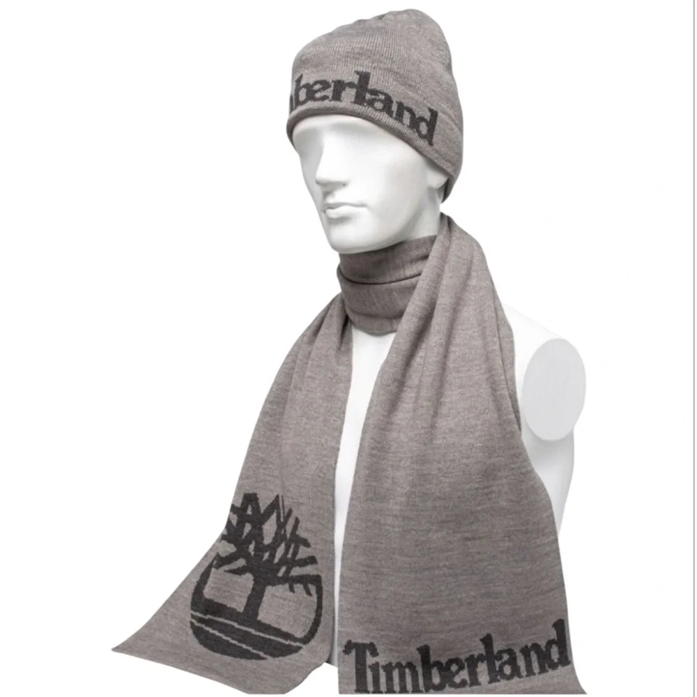 Timberland Men’s Scarf and Beanie Hat Set Gray with Black Name and Logo Print